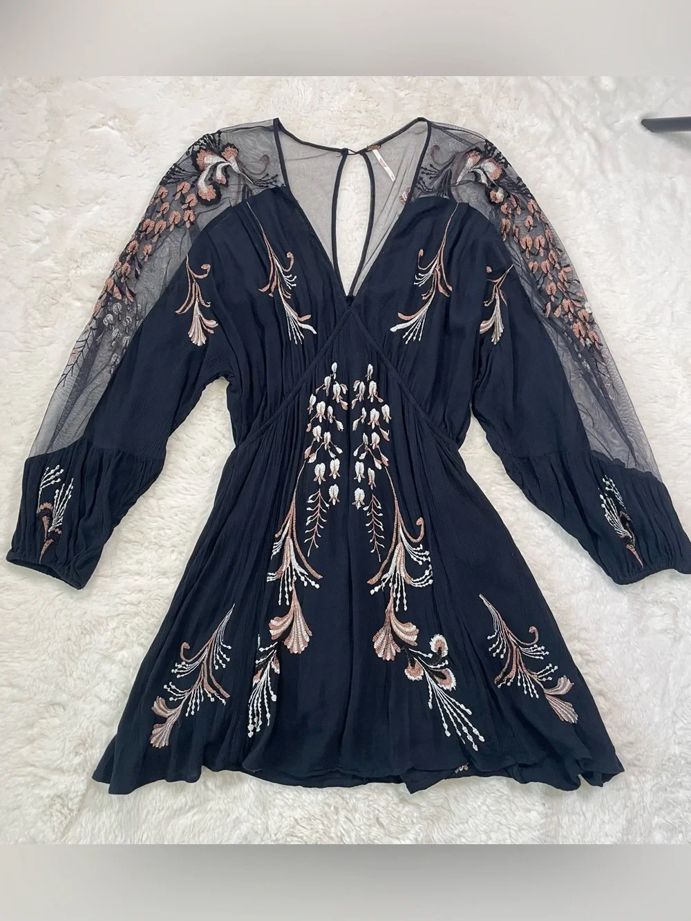 Free People Black Embroidered V-Neck Long-Sleeve Dress